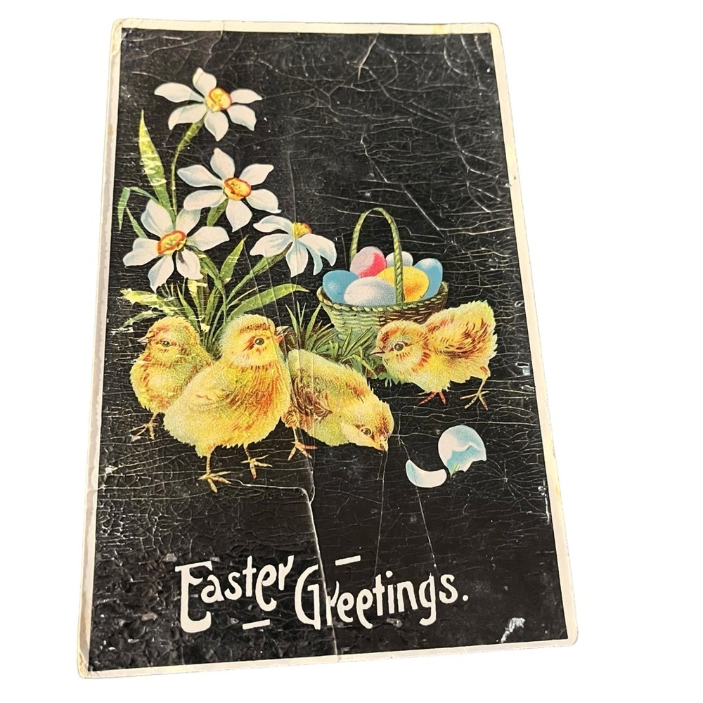 Vtg 1911 Postcard Black Easter Greeting 4 Chicks Colored Eggs in Basket Flowers